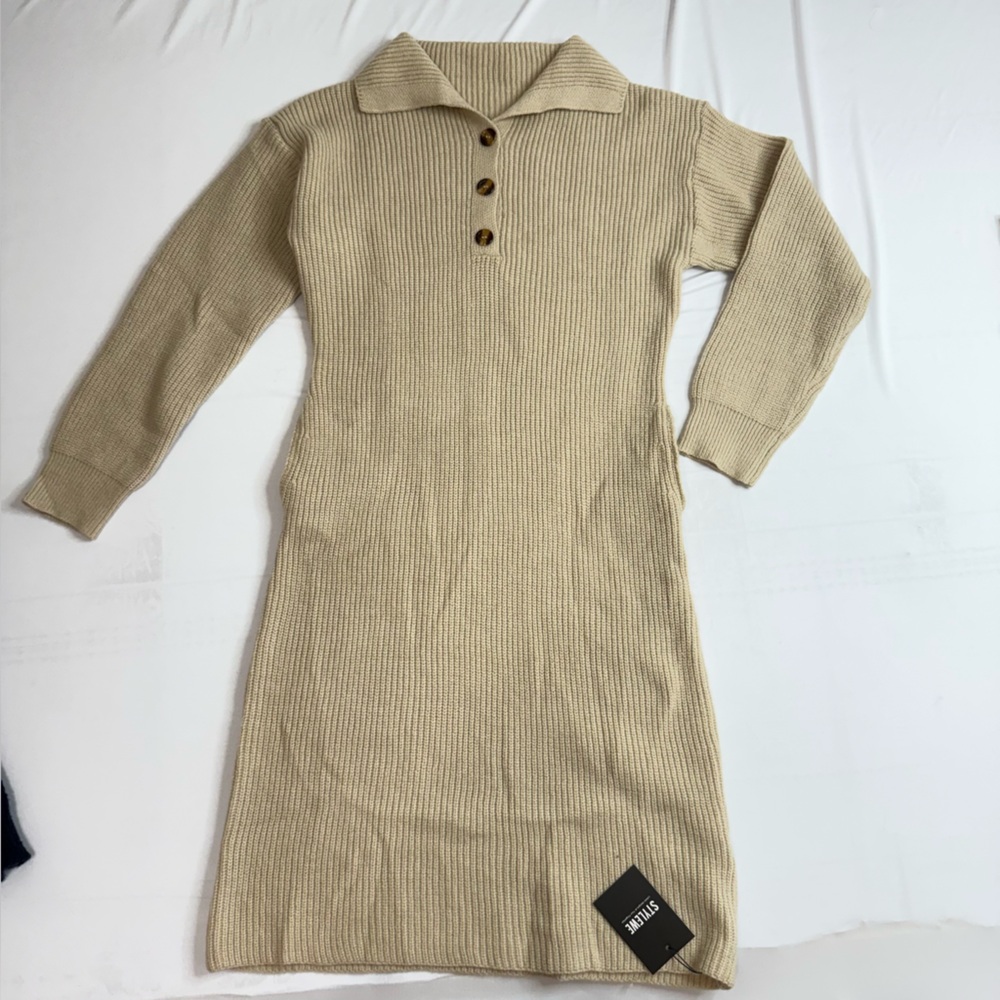 NWT! STYLEWE Tan Ribbed Knit Dress with pockets and collar‎ long sleeve